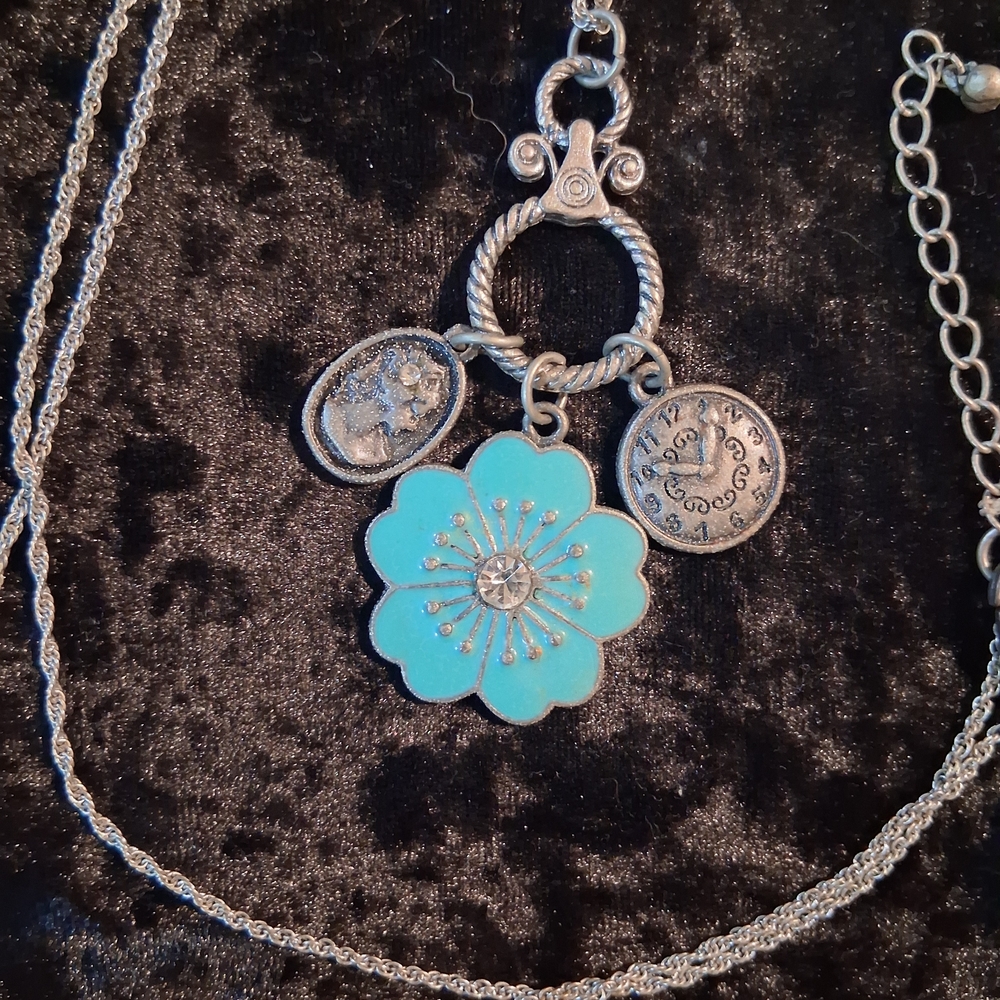 Blue and Silver Floral Pendant Necklace with Ornate Charms & Metalwork. 26 +2 In